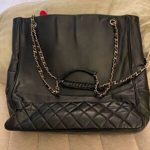 Elegant Black Quilted Chain Chanel Tote. Vintage XL Lambskin